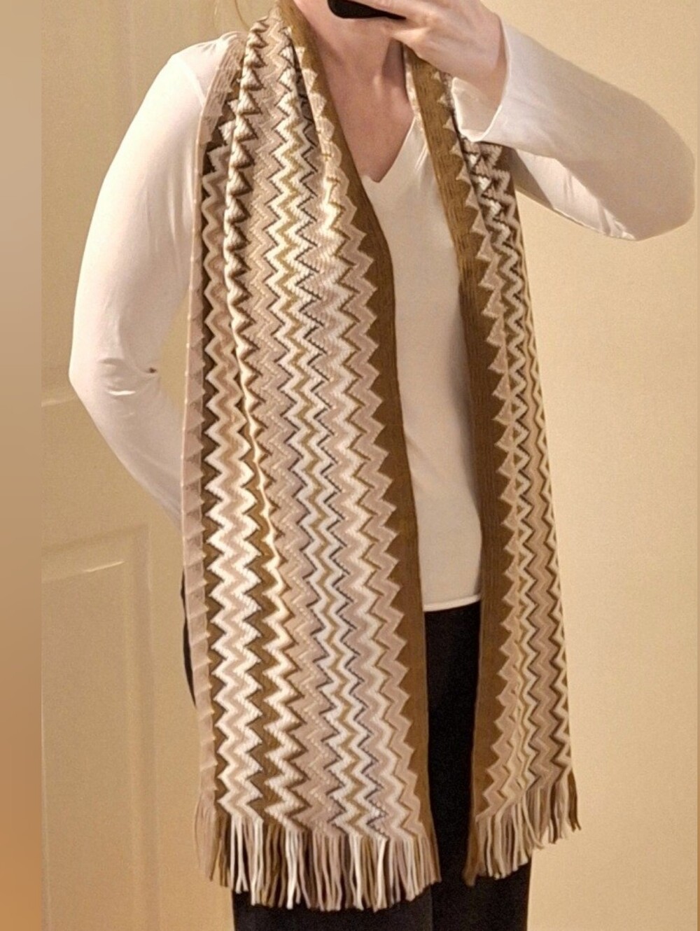 Brown, Gold Metallic, Tan, White Long Scarf